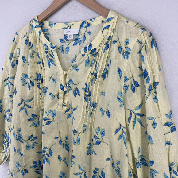 J.JILL Top PM Petite Love Linen Watercolor Printed Pintuck 3/4 Sleeve Yellow - Picture 4 of 13